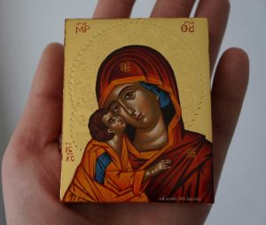 Theotokos Sweet Kissing polished gold miniature Hand Painted Greek Orthodox Icon