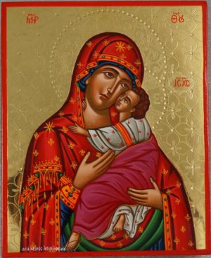 Theotokos Tenderness polished gold Hand Painted Greek Orthodox Icon on Wood