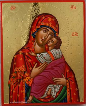 Theotokos Tenderness polished gold Hand Painted Greek Orthodox Icon on Wood