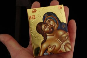 Descent from the Cross Icon polished gold miniature Orthodox