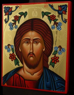 Jesus Christ Flower Halo polished gold Icon Hand Painted Byzantine Orthodox