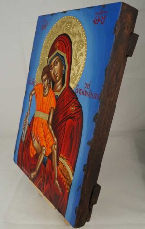 Panagia Axion Estin Hand Painted Greek Icon Byzantine Orthodox Polished Gold Halos