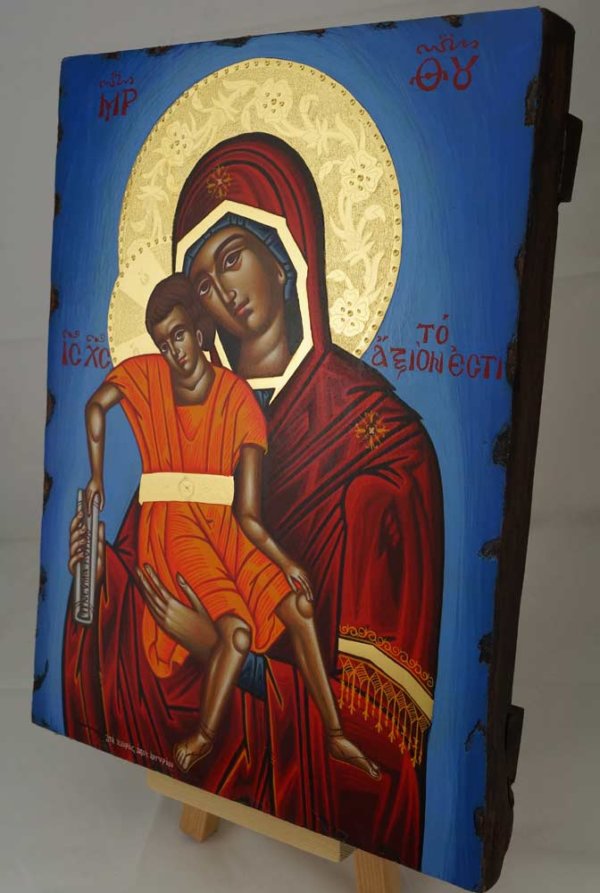 Panagia Axion Estin Hand Painted Greek Icon Byzantine Orthodox Polished Gold Halos