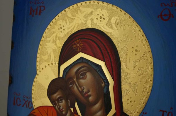 Panagia Axion Estin Hand Painted Greek Icon Byzantine Orthodox Polished Gold Halos