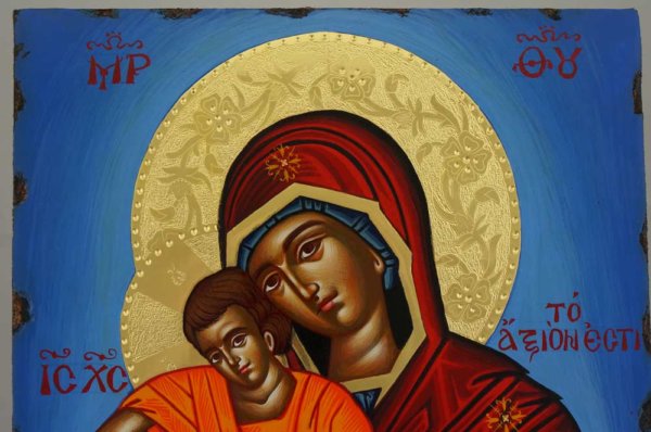 Panagia Axion Estin Hand Painted Greek Icon Byzantine Orthodox Polished Gold Halos
