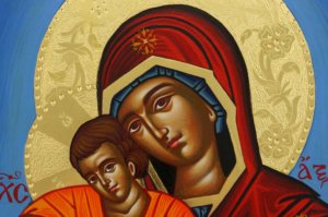 Panagia Axion Estin Hand Painted Greek Icon Byzantine Orthodox Polished Gold Halos