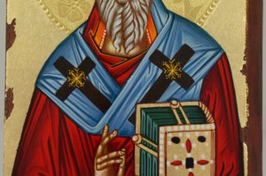 Saint Spyridon Hand Painted Greek Orthodox Icon Polished Gold Decorated Halo