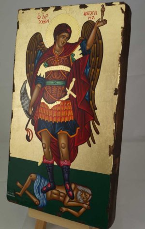 St Archangel Michael Greek Hand Painted Icon Polished Gold Decorations
