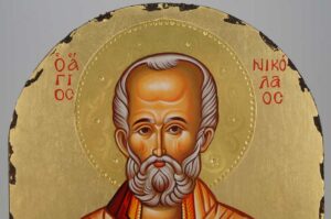 St Nicholas of Myra polished gold halo Icon Hand Painted Byzantine Orthodox