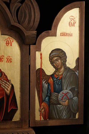 Theotokos Eleusa Archangel Raphael and Gabriel Hand Painted Orthodox Icon Triptych