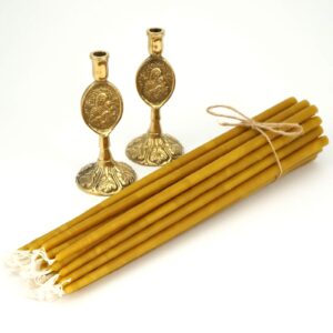 Set of Theotokos Brass Candle Holders and Beeswax Candles
