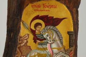 st george slaying the dragon icon hand painted on old wood