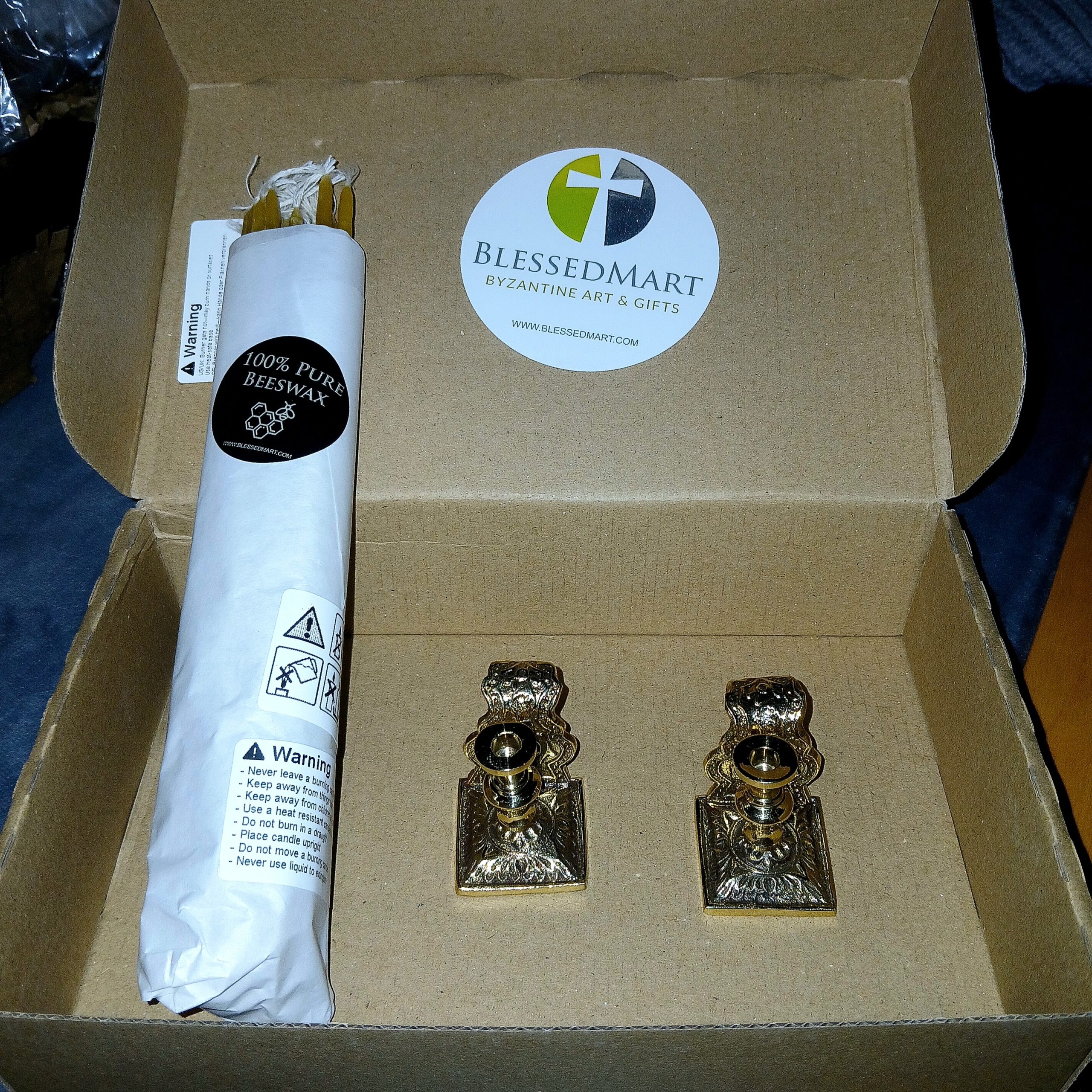 Click to view full screen Set of 2 Engraved Brass Byzantine Candle Holders and 20 Beeswax Candles photo review