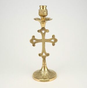 Cross Design Engraved Brass Candlestick Holder