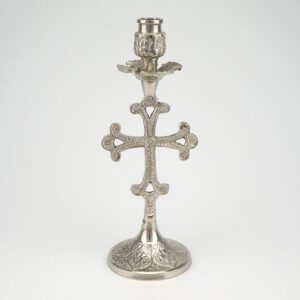 Cross Design Engraved Nickel Plated Candlestick Holder