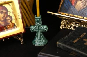 Green Orthodox Ceramic Candle Holder Cross Design