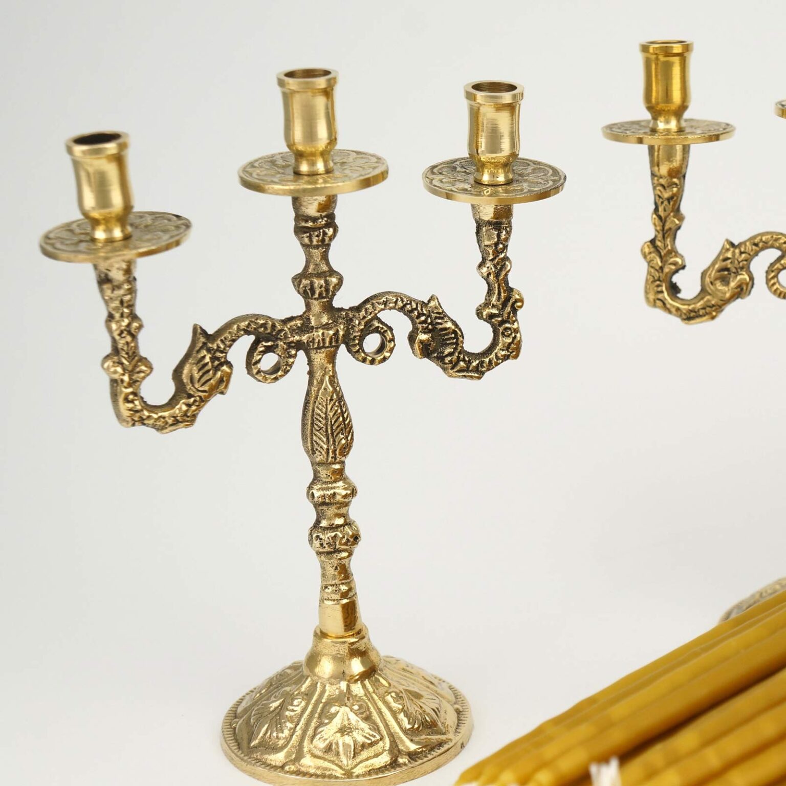 Set of 2 Brass Byzantine ThreeCandle Holders and 100 Beeswax Candles