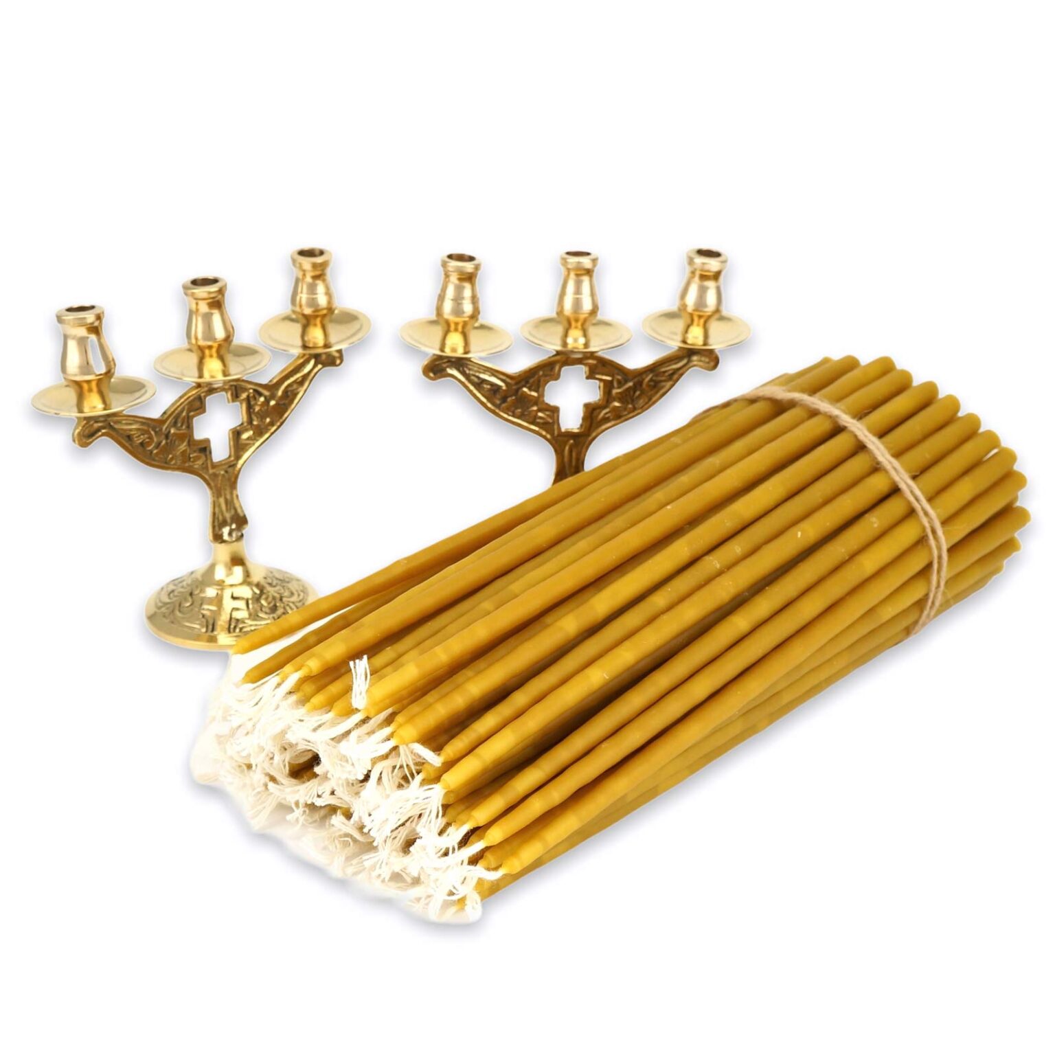 Set of 2 Brass ThreeCandle Cross Design Holders and 100 Beeswax Candles BlessedMart