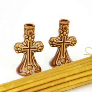Set of Ceramic Candle Holders A and Beeswax Church Candles