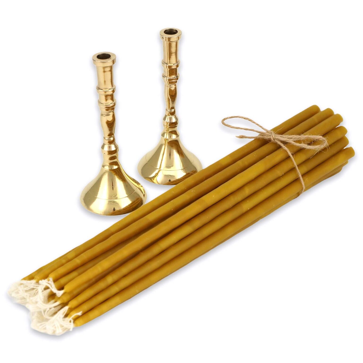 Set of 2 Single Brass Candle Candlesticks and 20 Beeswax Candles