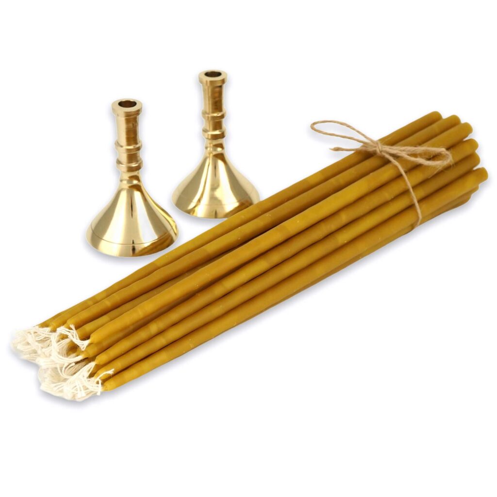 Set of 2 Single Brass Candlesticks and 20 Beeswax Church Candles