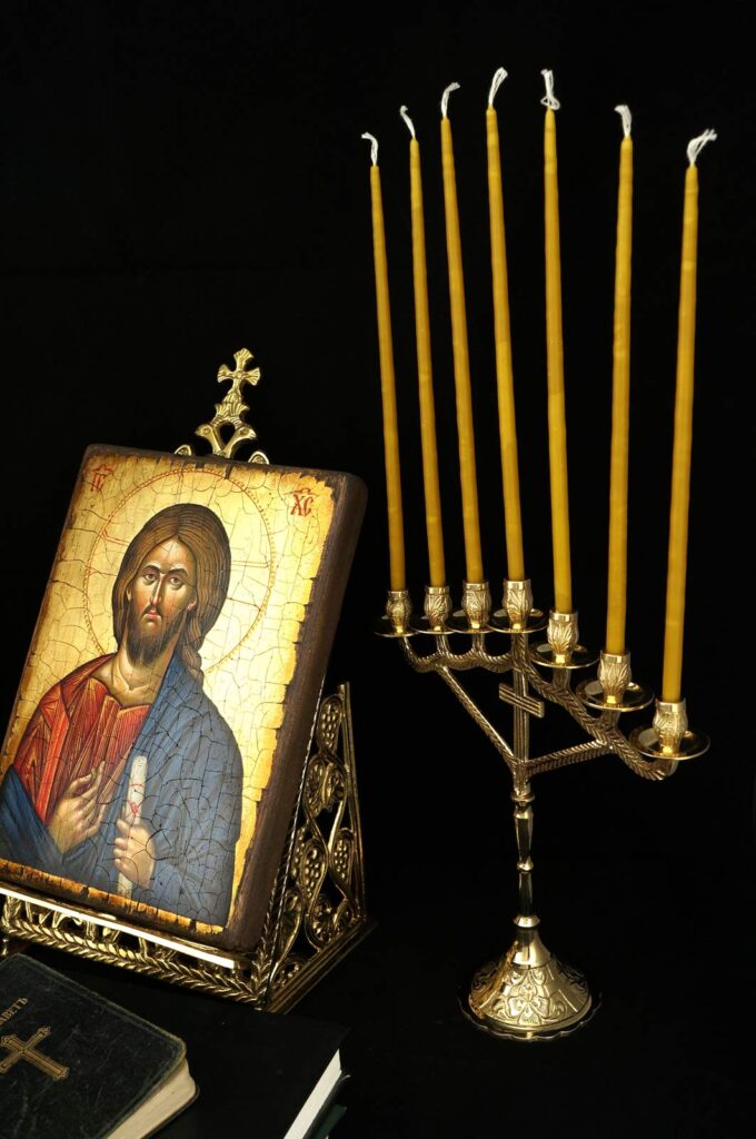 Set of SevenCandle Cross Design Candle Stand and 100 Beeswax Candles BlessedMart