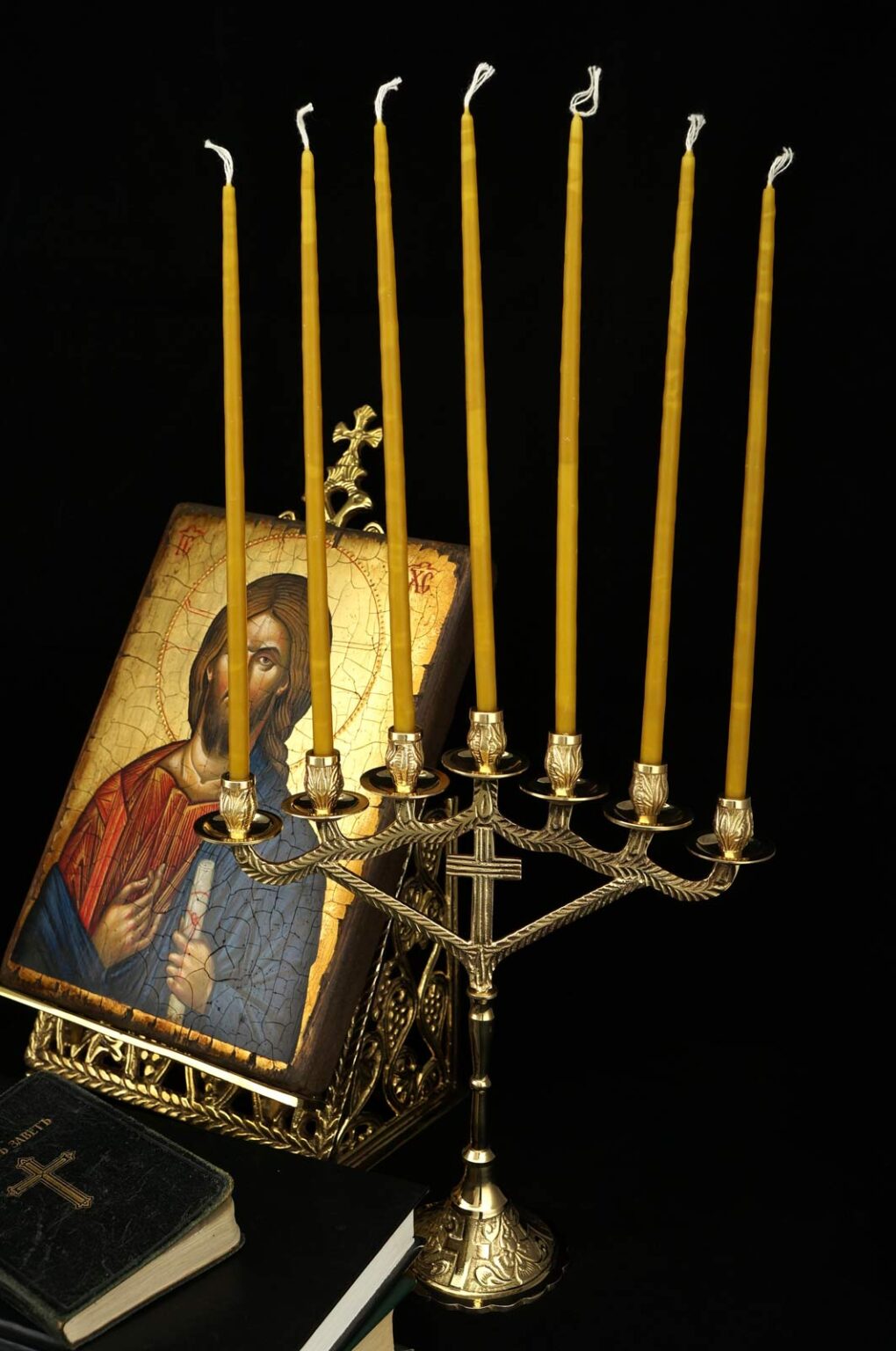 Set of SevenCandle Cross Design Candle Stand and 100 Beeswax Candles