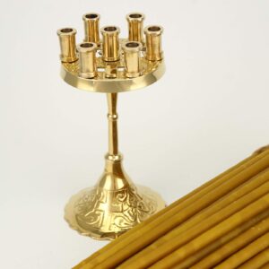 Seven Candle Brass Candle Holder Cross Design and Beeswax Candles