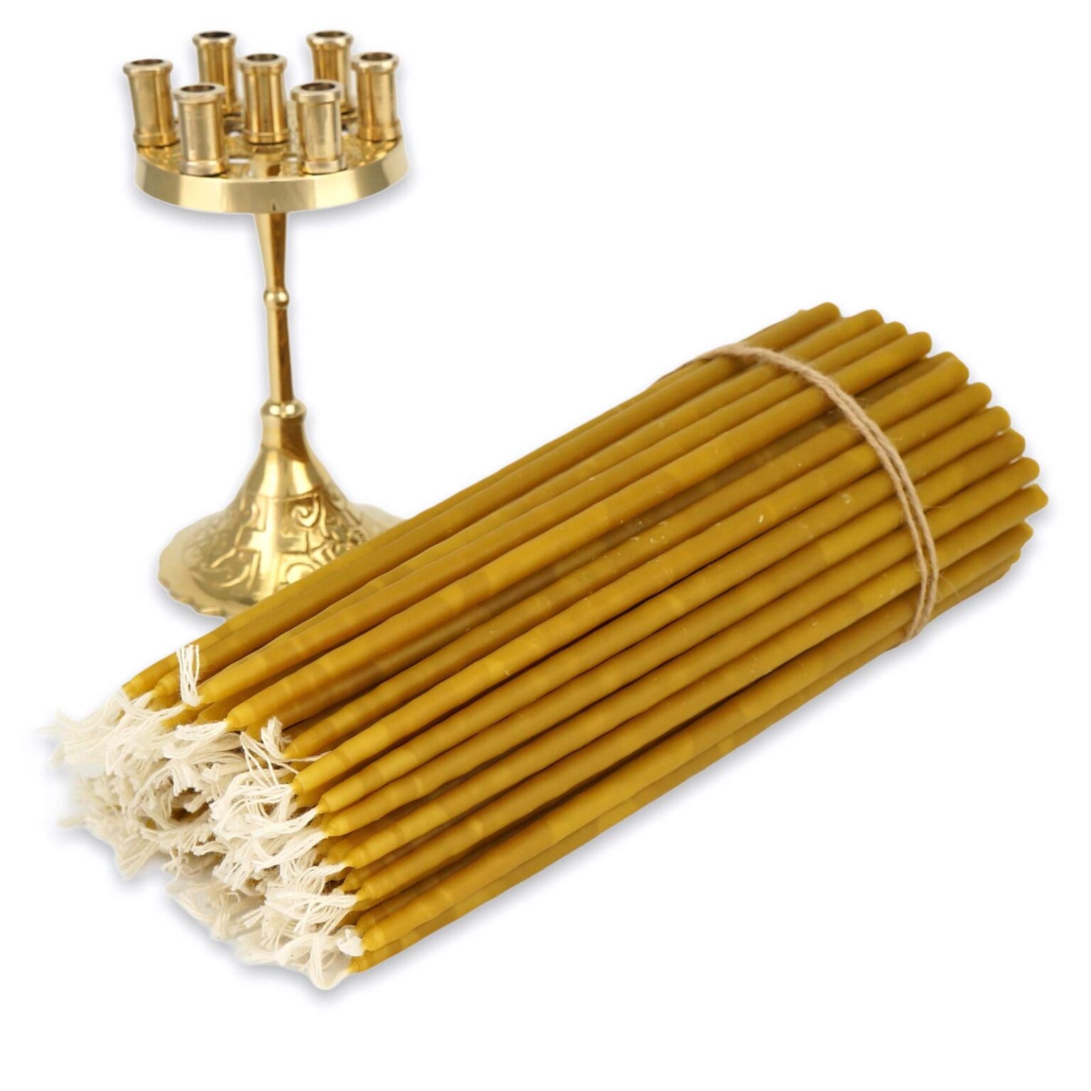 Set of Seven Candle Brass Candle Holder Cross Design and 100 Beeswax