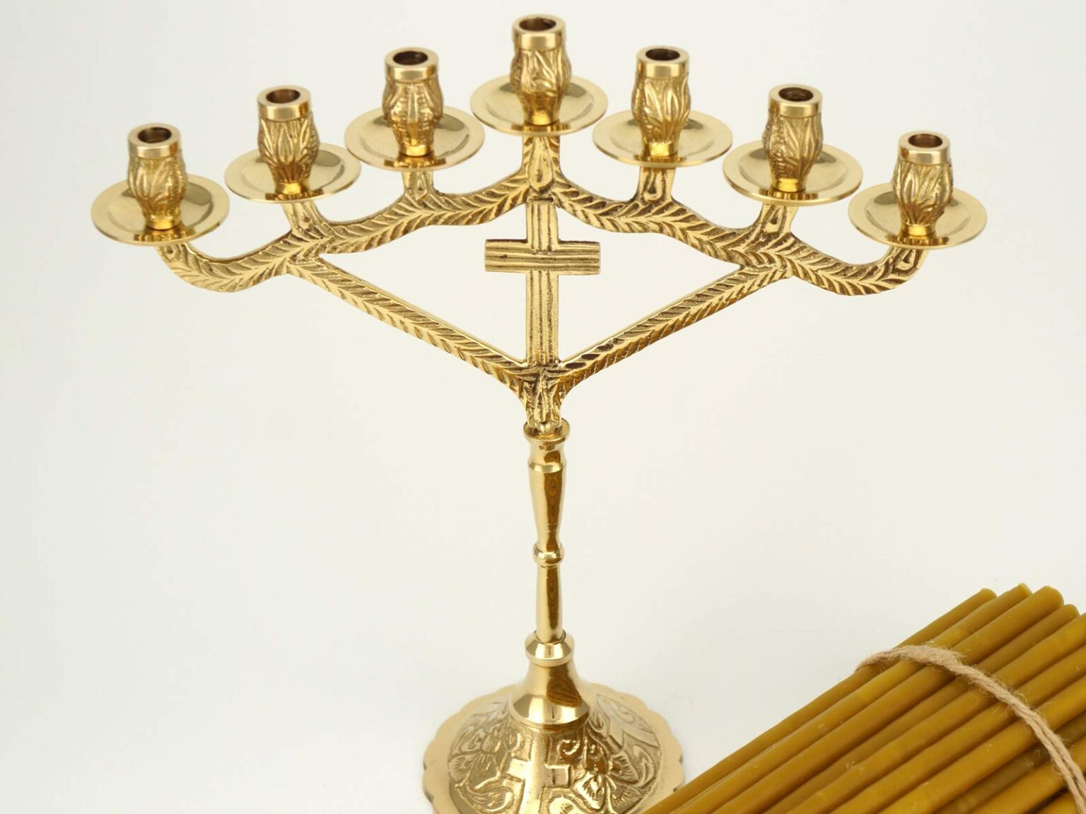Set of SevenCandle Cross Design Candle Stand and 100 Beeswax Candles BlessedMart