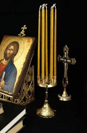 Traditional Brass Seven Candle Candleholder Engraved Cross