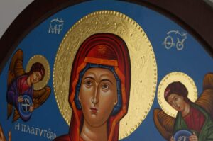 Virgin Mary Oranta Round Icon polished gold halos Hand Painted Greek Orthodox Byzantine