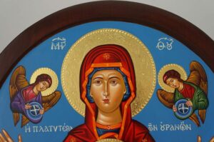 Virgin Mary Oranta Round Icon polished gold halos Hand Painted Greek Orthodox Byzantine