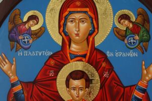 Virgin Mary Oranta Round Icon polished gold halos Hand Painted Greek Orthodox Byzantine