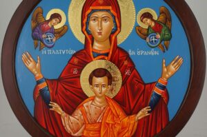 Virgin Mary Oranta Round Icon polished gold halos Hand Painted Greek Orthodox Byzantine