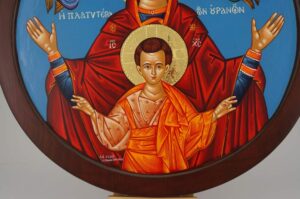 Virgin Mary Oranta Round Icon polished gold halos Hand Painted Greek Orthodox Byzantine