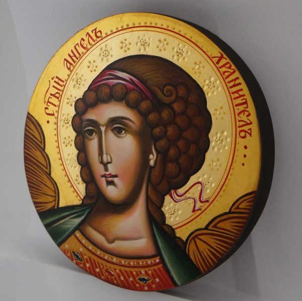 guardian angel round icon green hand painted orthodox