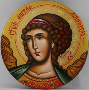 guardian angel round icon green hand painted orthodox