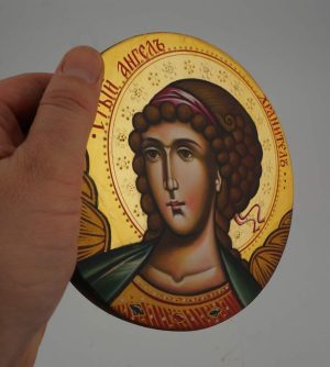 guardian angel round icon green hand painted orthodox