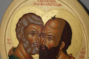 Apostles Peter and Paul Embracing Round Icon Hand Painted Greek Orthodox Byzantine