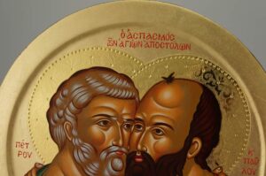 Apostles Peter and Paul Embracing Round Icon Hand Painted Greek Orthodox Byzantine