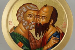 Apostles Peter and Paul Embracing Round Icon Hand Painted Greek Orthodox Byzantine