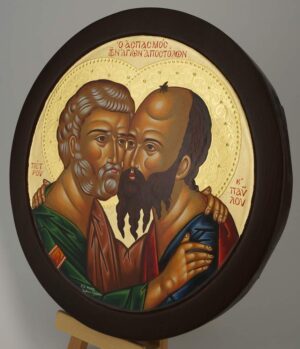 Saints Peter and Paul Embracing Round Icon Hand Painted Greek Orthodox Byzantine