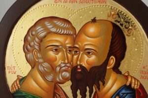 Saints Peter and Paul Embracing Round Icon Hand Painted Greek Orthodox Byzantine