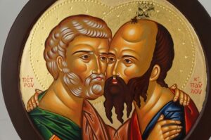 Saints Peter and Paul Embracing Round Icon Hand Painted Greek Orthodox Byzantine