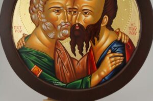 Saints Peter and Paul Embracing Round Icon Hand Painted Greek Orthodox Byzantine