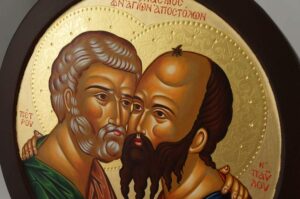 Saints Peter and Paul Embracing Round Icon Hand Painted Greek Orthodox Byzantine