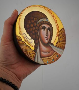 guardian angel round icon white hand painted orthodox