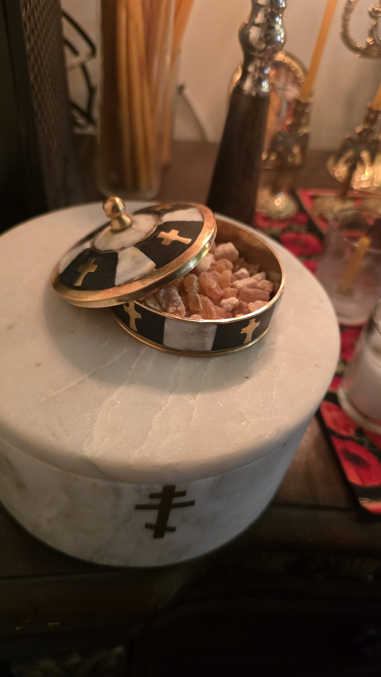 Click to view full screen Brass Trinket Box with Mother of Pearl Inlay Cross Detailing photo review