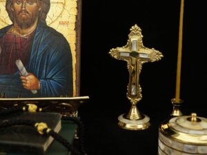 Brass Standing Cross with Mother of Pearl Inlay and Floral Detailing